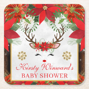 Elegante-Rentiere-Weihnachtsstern-Baby-Party Rechteckiger Pappuntersetzer