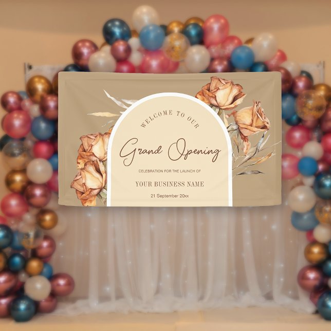 Elegante Retro Arch Blume Business Grand Opening Banner (Elegant Retro Arch Flower Business Grand Opening Banner)