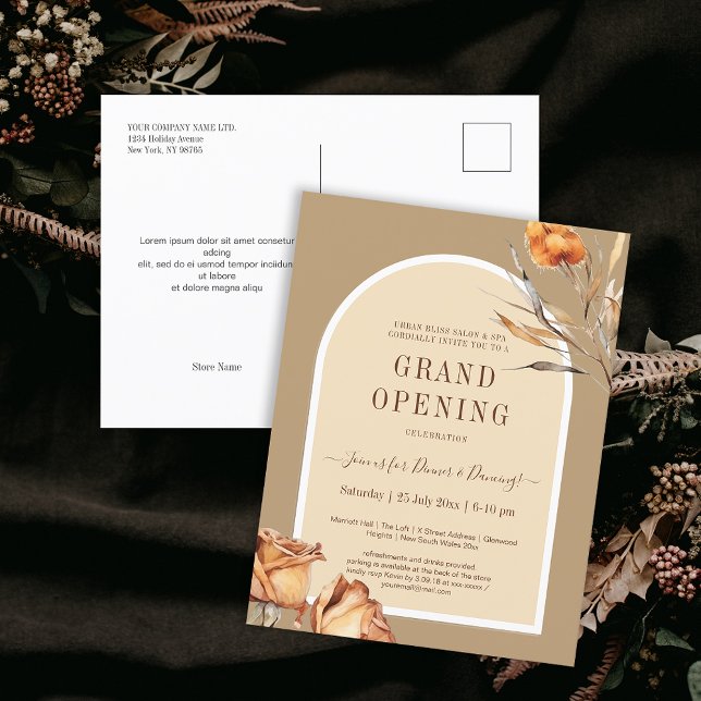 Elegante Retro Arch Blume Business Grand Opening Postkarte (Elegant Retro Arch Flower Business Grand Opening Postcard)
