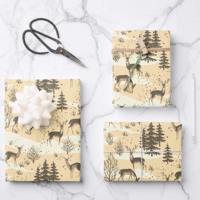 Elegante Retro Beige Cream Woodland Deer Geschenkpapier Set (Vorderseite)