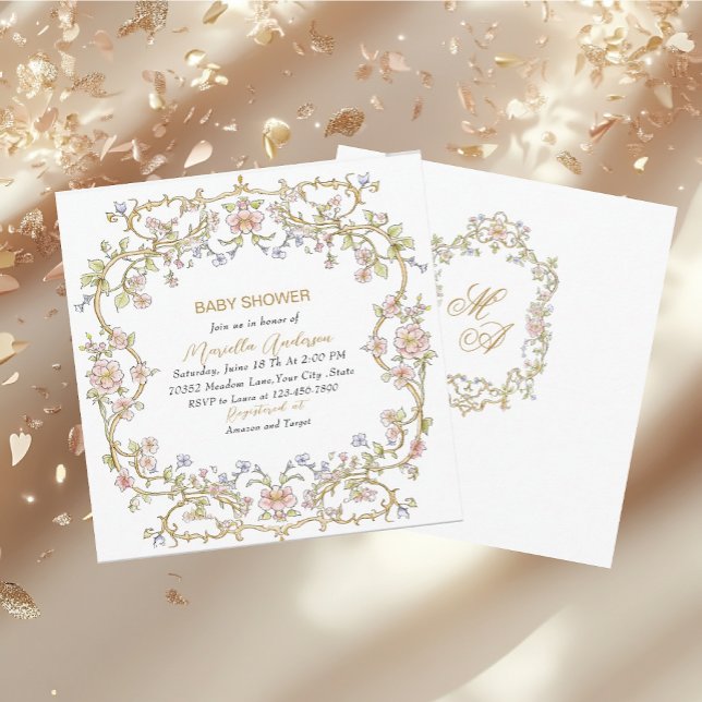 Elegante Retro-Blume in Aquarellfarbe Frame Babydu Einladung (Von Creator hochgeladen)