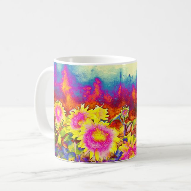 Elegante Retro-Boho Wasserfarben-Sonnenblumenfelde Kaffeetasse (Vorderseite Links)