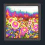 Elegante Retro-Boho Wasserfarben-Sonnenblumenfelde Schmuckkiste<br><div class="desc">Elegante Retro-Boho Wasserfarben-Sonnenblumenfelder</div>