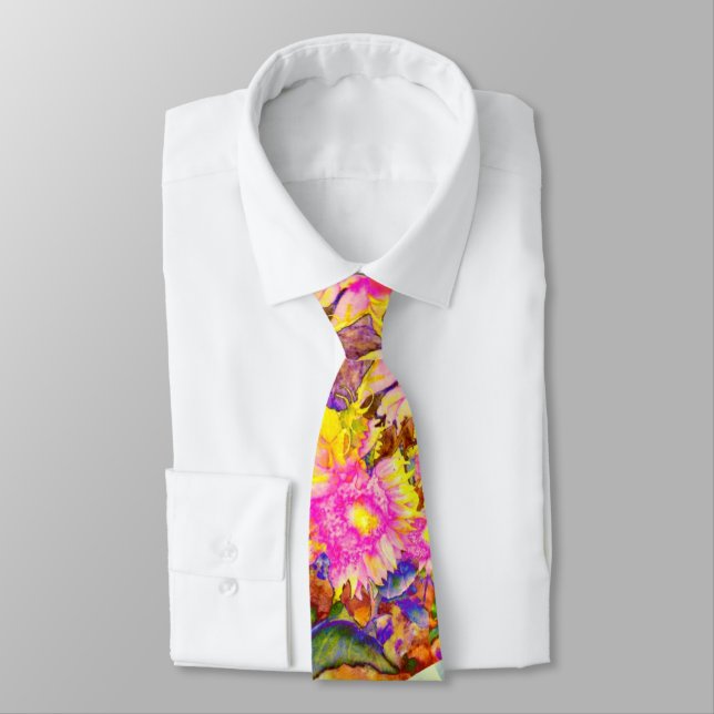 Elegante retro-boho-wasserfarbene Sonnenblumenfeld Krawatte (Gebunden)