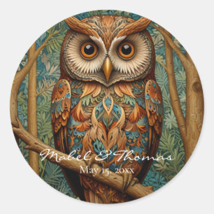 Elegante Retro-Eule Boho-Boheme-Waldgrün Runder Aufkleber