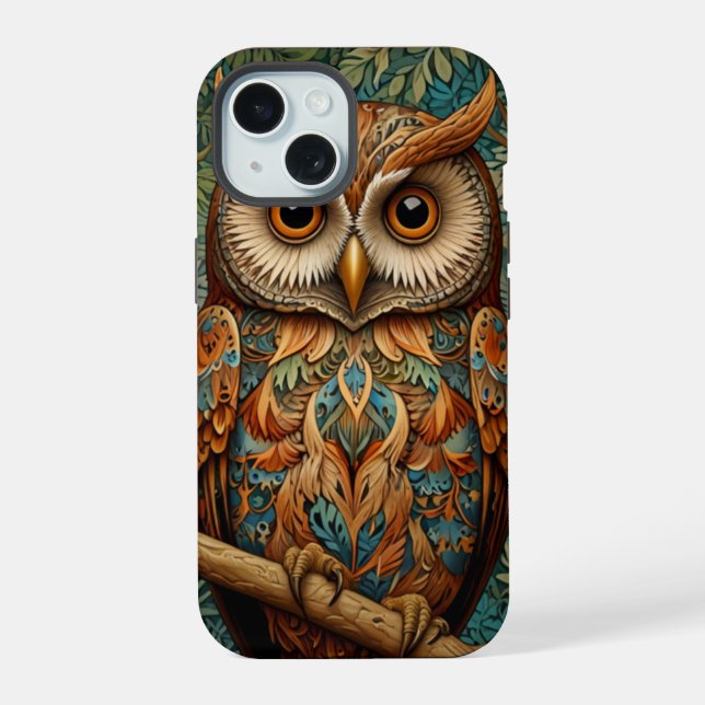 Elegante Retro-Eule Wald Grünspan iPhone 15 Hülle (Rückseite)
