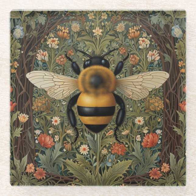 Elegante Retro-Hummel boho botanische Blumenkunst Glasuntersetzer (Vorderseite)