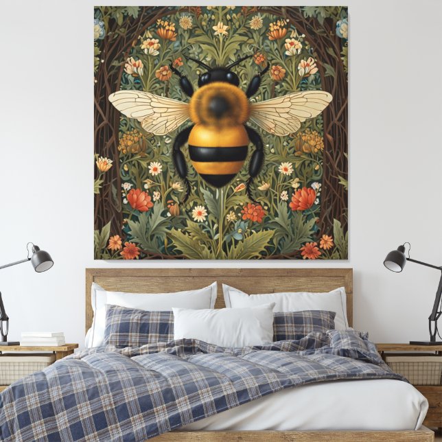 Elegante Retro-Hummel boho botanische Blumenkunst Leinwanddruck (Insitu (Schlafzimmer))