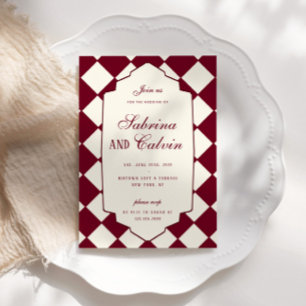 Elegante Retro-Karo-Bordeaux-Hochzeit Einladung