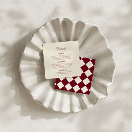 Elegante Retro-Karo-Bordeaux-Hochzeitsdetails Begleitkarte