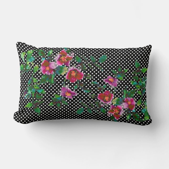Elegante Retro-Polka-Dot-Aquarell-rote Rosen Lendenkissen (Vorderseite)