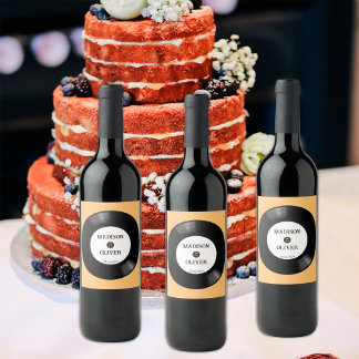 Elegante Retro Schwarz und Weiß Vinyl Record Hochz Weinetikett