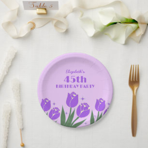 Elegante Retro Tulip Floral Lila Geburtstag Pappteller