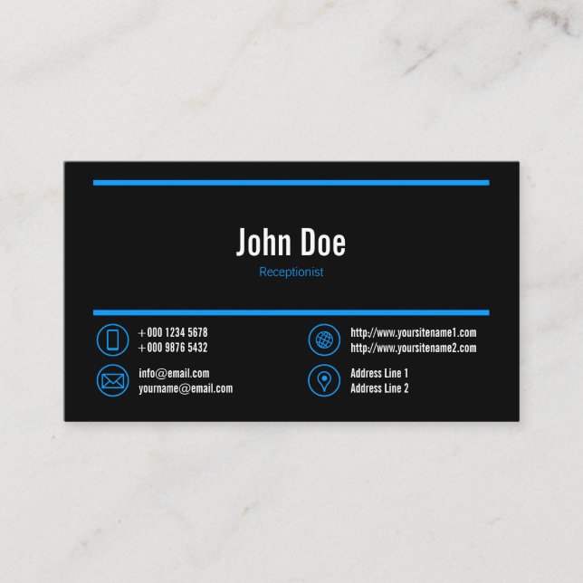 Elegante Rezeptionist Logo Blue Lines Icons Black Visitenkarte (Vorderseite)