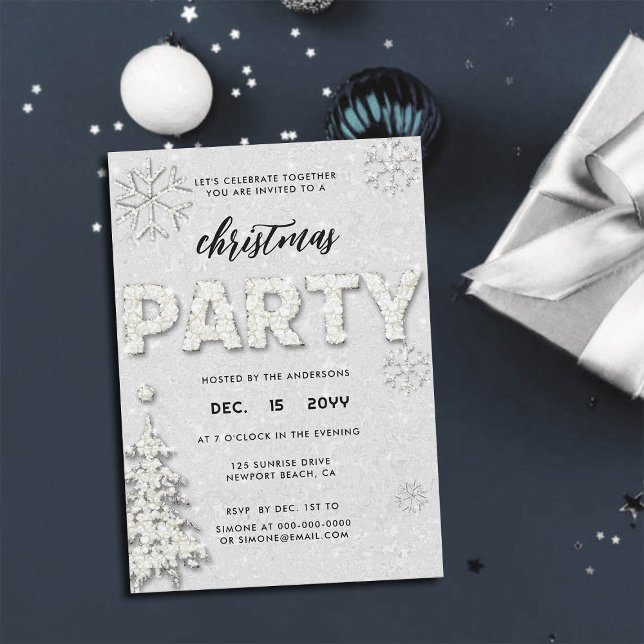 Elegante Rhinestones Weihnachts-Party Einladung (rhinestones christmas party invitation glitter snowflakes tree black white festive classy bling chic)