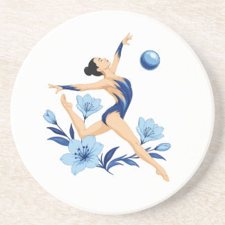 Elegante rhythmische Gymnastin mit blauen Blumen. Getränkeuntersetzer
