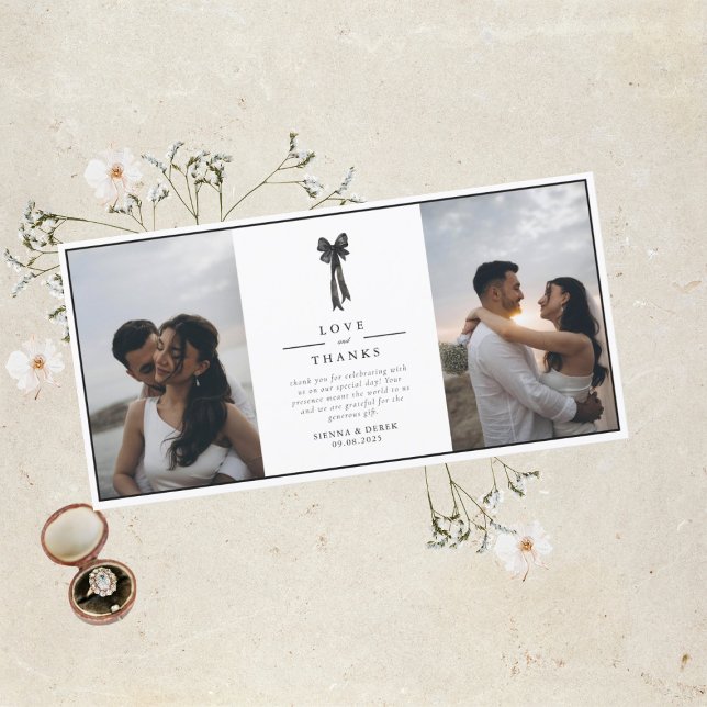 Elegante Ribbon Bow Black and White Wedding Dankeskarte (Von Creator hochgeladen)