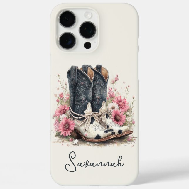 Elegante Rindslederstiefel mit monogrammierten Blu Case-Mate iPhone Hülle (Rückseite)