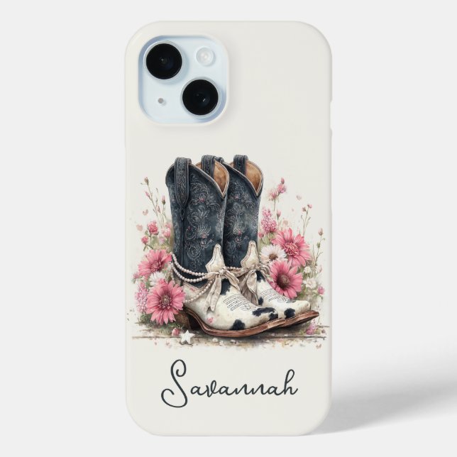 Elegante Rindslederstiefel mit monogrammierten Blu Case-Mate iPhone Hülle (Rückseite)