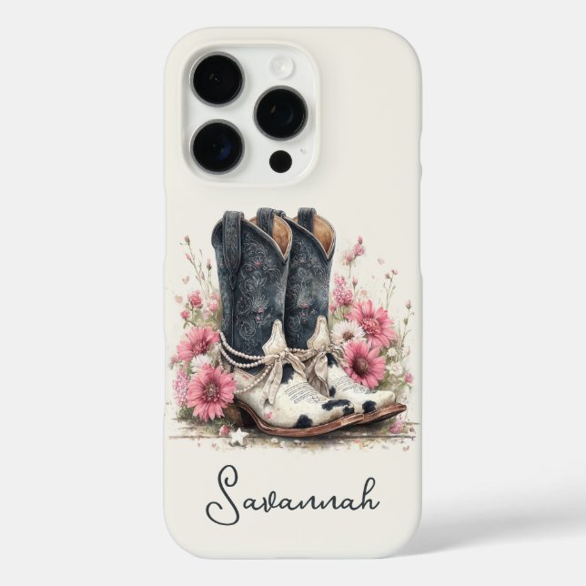 Elegante Rindslederstiefel mit monogrammierten Blu Case-Mate iPhone Hülle (Rückseite)