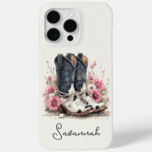 Elegante Rindslederstiefel mit monogrammierten Blu Case-Mate iPhone Hülle
