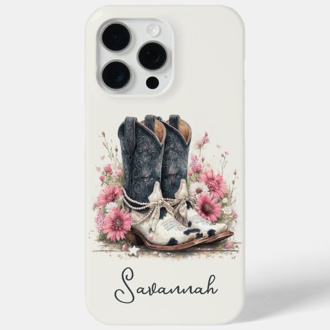 Elegante Rindslederstiefel mit monogrammierten Blu Case-Mate iPhone Hülle (Rückseite)