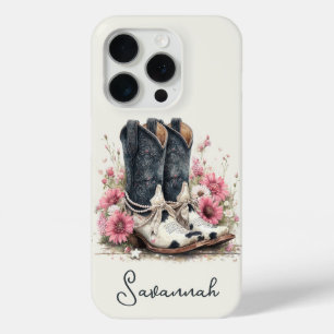 Elegante Rindslederstiefel mit monogrammierten Blu Case-Mate iPhone Hülle