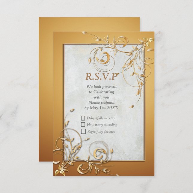 Elegante Ripple Cream & Gold RSVP Card (Vorne/Hinten)