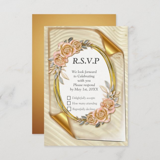 Elegante Ripple Cream & Gold RSVP Card (Vorne/Hinten)