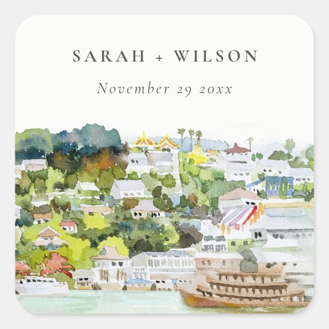 Elegante River Cruise Country Landschaft Hochzeit Quadratischer Aufkleber (Vorderseite)