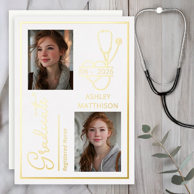 Elegante RN 2026 Krankenpflege-Absolventen-Fotokar Folieneinladung (Elegant RN 2026 Nursing Graduation Photo Announcement - Gold Foil)