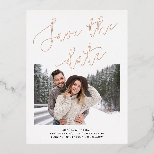 Elegante Romance | Foto Save the Date Rose Gold Folie Einladungspostkarte (Vorderseite)