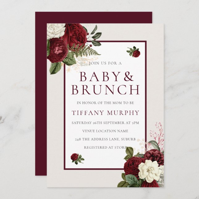 Elegante Romantic Burgundy Floral Baby Shower Einladung (Vorne/Hinten)