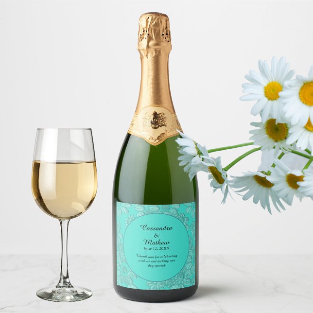 Elegante Romantic Daisies Floral Türkis Hochzeit (Elegant Romantic Daisies Floral Turquoise Wedding Sparkling Wine Label)