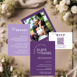 Elegante Romantik Lila mit Foto Hochzeit Einladung