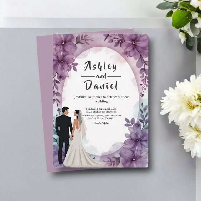 Elegante romantische Brautbäume Lila Blumenhochzei Einladung (Von Creator hochgeladen)