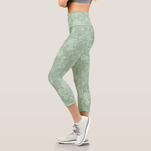 Elegante romantische Chic Floral Damask Grün Capri Leggings