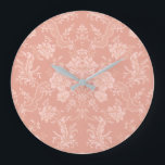 Elegante romantische Chic Floral Damask-Pfirsich Große Wanduhr<br><div class="desc">Elegantes,  Vintag Blumenmotiv-Design mit eleganten,  einfarbigen,  hellen und dunkelpastellfarbenen Blume,  grünen Rollen und Taschen von zarten Lakebändern. Dieses Muster ist nahtlos und kann nach oben oder unten skaliert werden.</div>