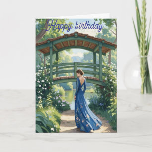 Elegante romantische Frau in blauem Kleid Illustra Karte
