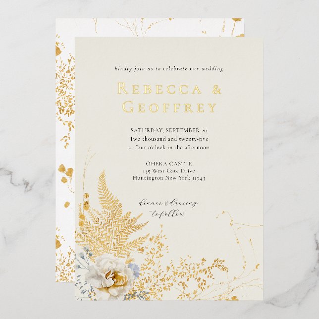 Elegante romantische Hochzeit der Fern Rose Floral Folieneinladung (Vorderseite/Rückseite)