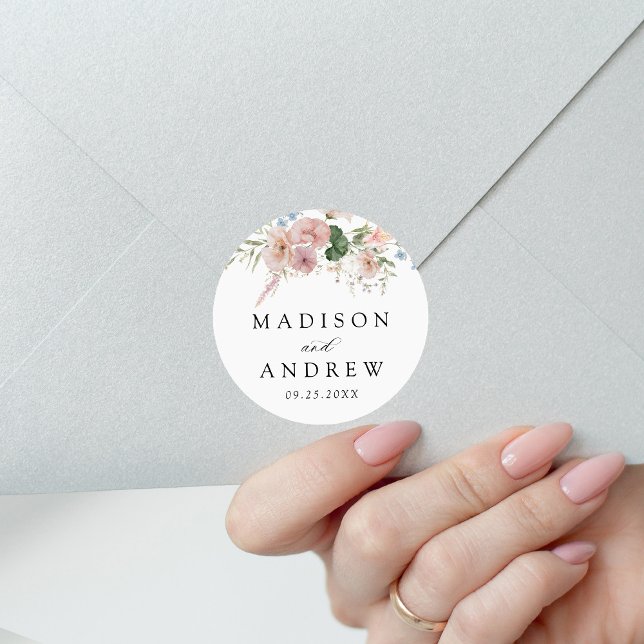 Elegante romantische Hochzeit der Wasserfarben Runder Aufkleber (Von Creator hochgeladen)