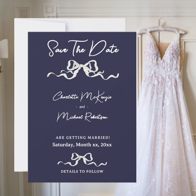 Elegante romantische Hochzeit in Navy mit weißen B Save The Date (Elegant Romantic Wedding Navy & White Ribbon & Bow Save The Date)