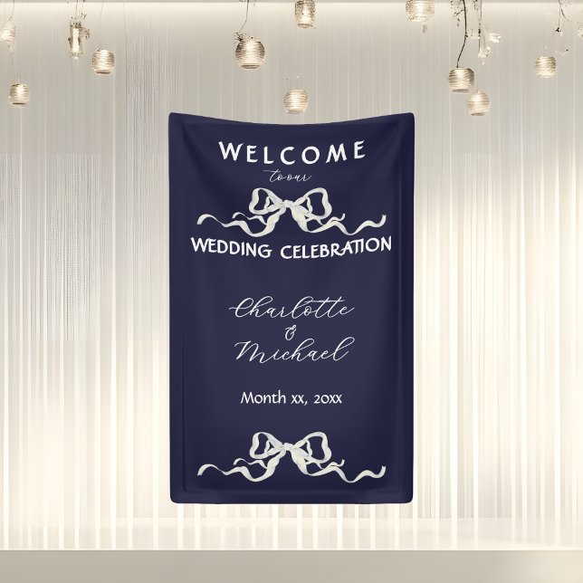 Elegante romantische Hochzeit marineblaues Band &  Banner (Elegant Romantic Wedding Navy Ribbon & Bow Banner)