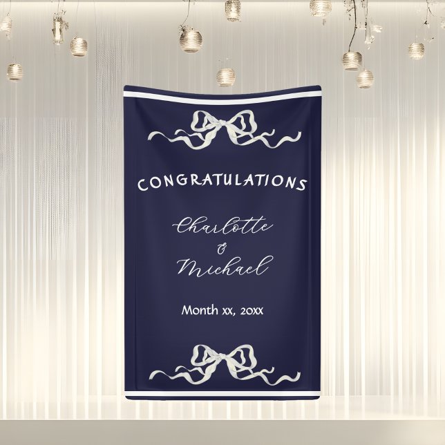 Elegante romantische Hochzeit Navy-Schleife Gratul Banner (Elegant Ribbon Romantic Wedding Congratulations Banner)