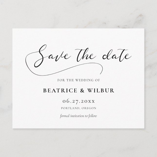 Elegante romantische Kalligraphie Save the Date Postkarte (Vorderseite)