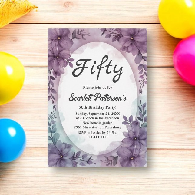 Elegante romantische Lila Rose Floral 50. Geburtst Einladung (Von Creator hochgeladen)