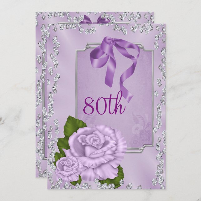 Elegante romantische Lilac Rose & Bows 80. Einladung (Vorne/Hinten)