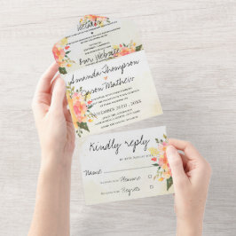 Elegante romantische Peach Floral Monogram Wedding All In One Einladung