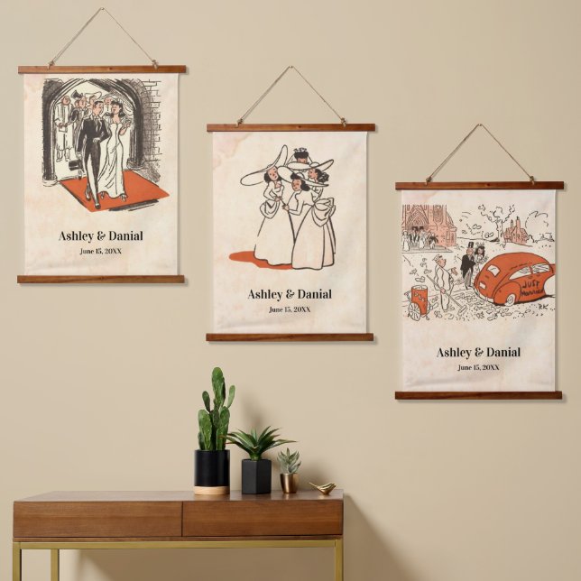 Elegante romantische Retro Mitte Jahrhundert Klass Wandteppich Mit Holzrahmen (Asymmetrisch)