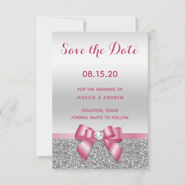 Elegante romantische Rosa Glitzer Hochzeit & Silbe Save The Date (Vorderseite)
